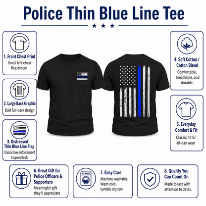 Police Thin Blue Line Flag Men's T-Shirt, Front Chest & Back Graphic