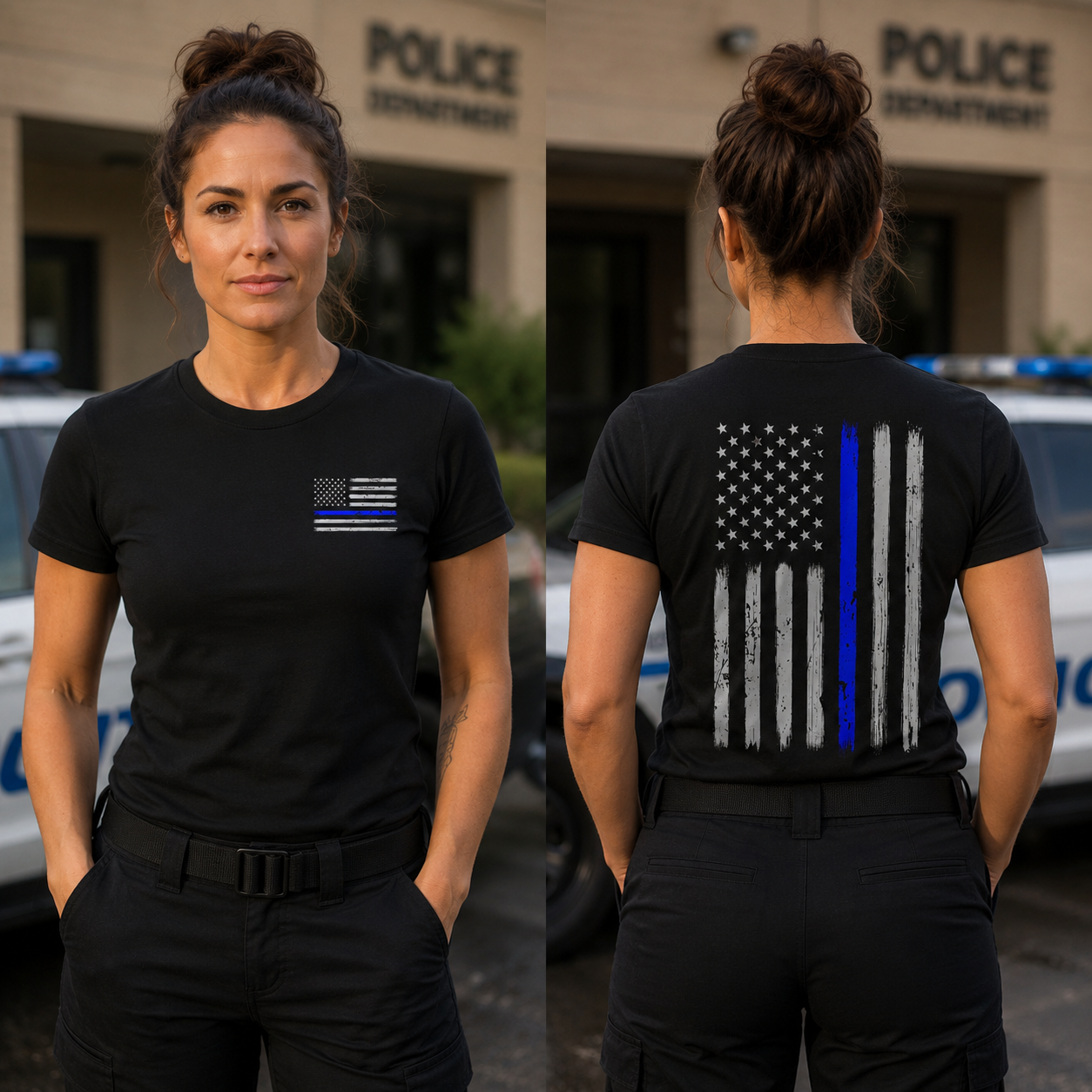 Police Thin Blue Line Flag Men's T-Shirt, Front Chest & Back Graphic