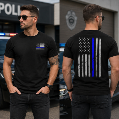 Police Thin Blue Line Flag Men's T-Shirt, Front Chest & Back Graphic