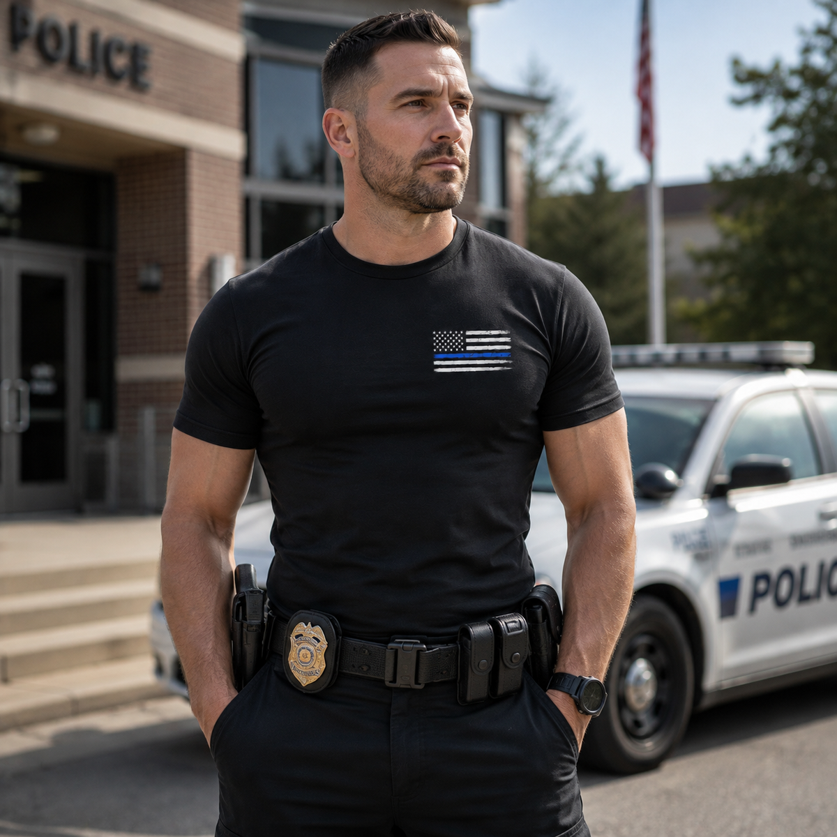 Police Thin Blue Line Flag Men's T-Shirt, Distressed Front Chest Graphic