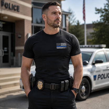 Police Thin Blue Line Flag Men's T-Shirt, Distressed Front Chest Graphic