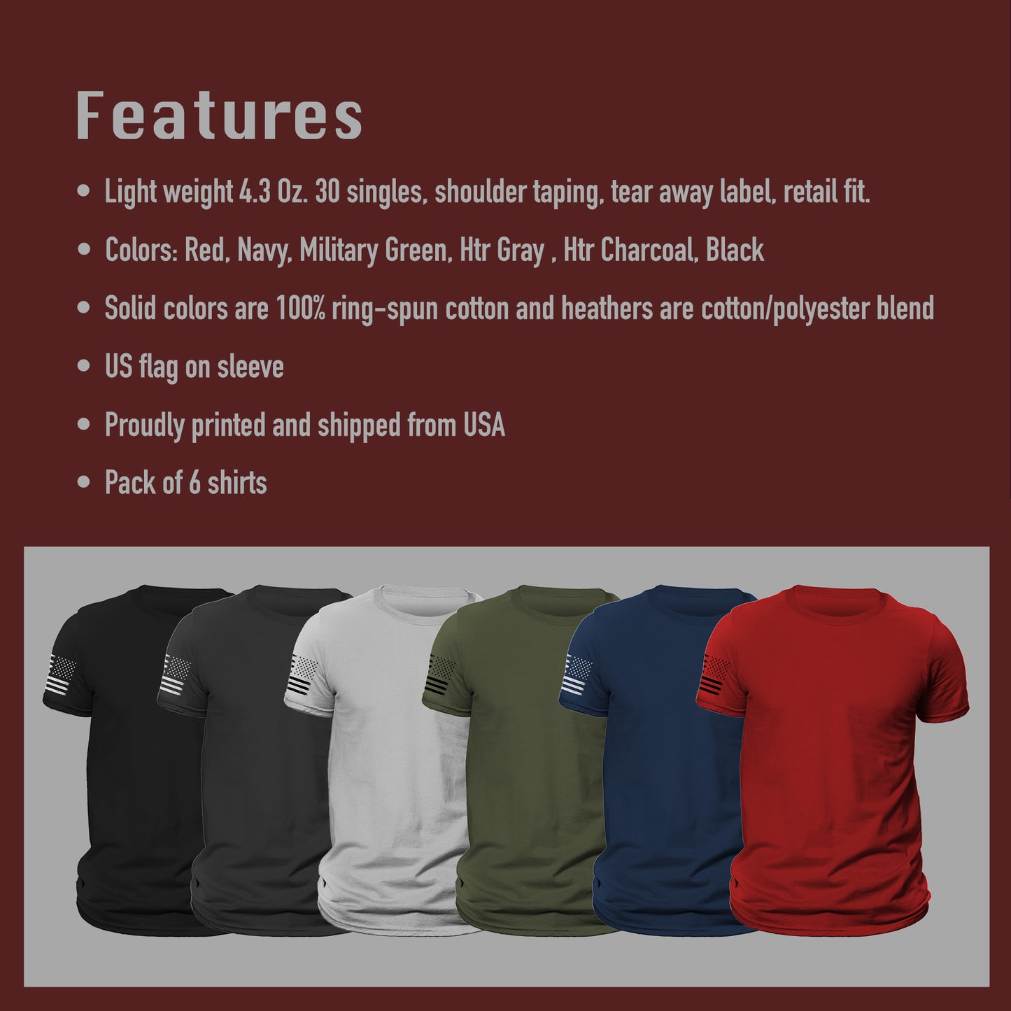 Men's US Flag Patriotic Flag on Sleeve T-Shirt 6 Pack