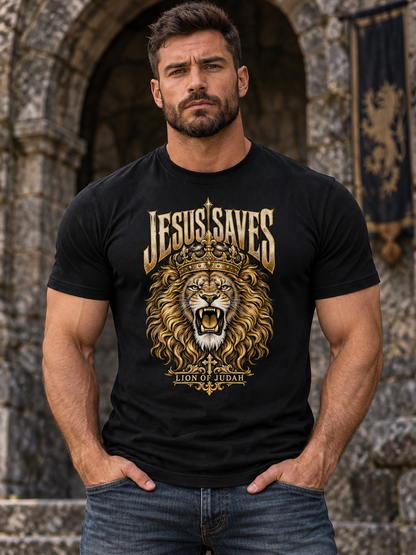 Jesus Saves Lion of Judah T-Shirt for Men, Christian Faith Graphic Tee, Crowned Lion Religious Shirt, Bible Inspired Apparel