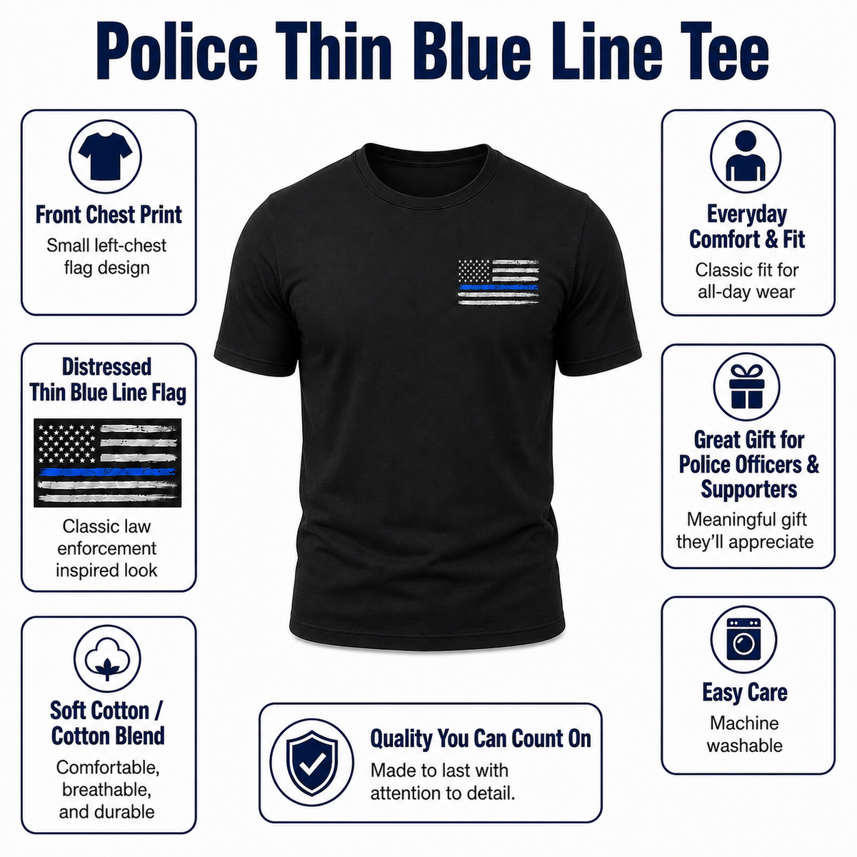 Police Thin Blue Line Flag Men's T-Shirt, Distressed Front Chest Graphic