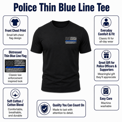 Police Thin Blue Line Flag Men's T-Shirt, Distressed Front Chest Graphic